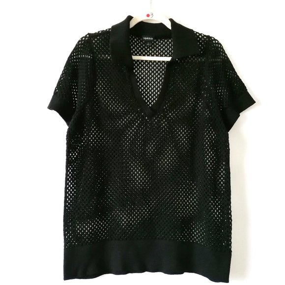 Torrid Womens Black Collared Short Sleeve Open Stitch Pullover Sweater Size 1X - Picture 1 of 7